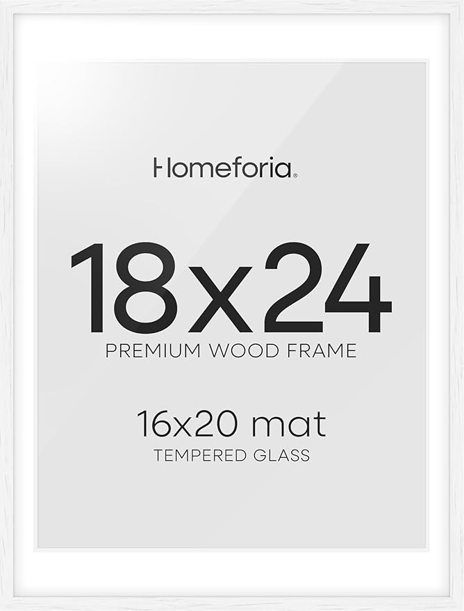 Homeforia 18 x 24 Poster Frame White, High End Oak 18x24 White Wood Picture Frame with Mat 16x20 Photo, 18 x 24 Wooden Frame Matted to 16 x 20, 24x18 Hanging Frames, Tempered Glass, Wall Kit, Set of 1-Ruum Studio Home