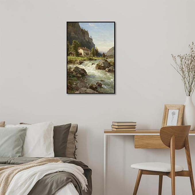 Vintage landscape rural scenery poster art farmhouse cottage wall decor living room kitchen quiet country stream suitable for bedroom bathroom-Ruum Studio Home