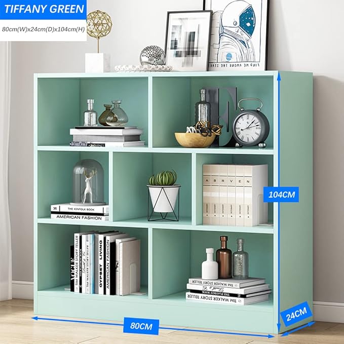 IOTXY Open Shelf Low Bookcase - Wooden 3-Tier Floor Standing Display Cabinet Organizer with Base, 7 Cubes Short Horizontal Bookshelf in Tiffany-Green-Ruum Studio Home