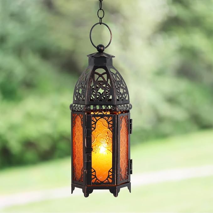 NEEDOMO 11'' Moroccan Lanterns Decorative Indoor & Outdoor, Vintage Christmas Candle Holder, Metal Lanterns Decorative, Table, Patio, Porch, Shelf, Christmas Spring Halloween Home Decor (Amber)-Ruum Studio Home