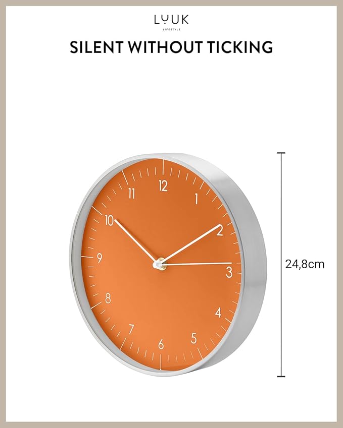 LUUK LIFESTYLE Silent Quartz Wall Clock, Modern and Minimalist Design, Without Ticking, 10” Kitchen Clock, for Living Room, Bedroom, Housewarming Gift, Orange and Silver-Ruum Studio Home