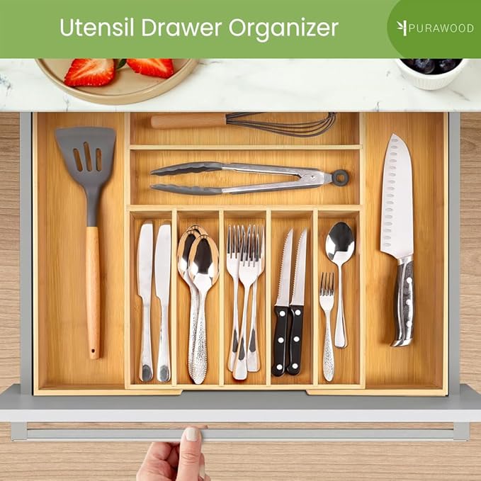 Purawood Bamboo Drawer Organizer - Expandable Silverware Organizer & Utensil Drawer Organizer, Cutlery Tray with Dividers, 7-9 Slots- Kitchen Organizer for Utensils & Flatware (Natural)-Ruum Studio Home