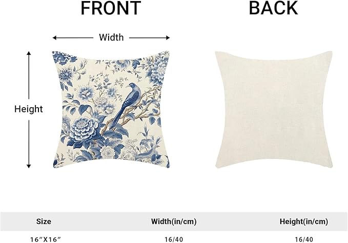 CXMEIFLY Spring Floral Pillow Covers 16 x 16 Inch Set of 2 for Chinoiserie Flowers Bird Decor Throw Pillows Vintage Blue and White Plant Outdoor Decorative Cushion Cases for Couch Bed Decorations-Ruum Studio Home