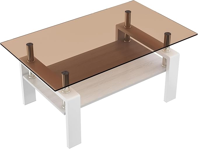Glass Coffee Table Rectangle Living Room Center Table, with Brown Tempered Glass Tabletop and White MDF Layer,for Living Room and Office, Brown+White-Ruum Studio Home