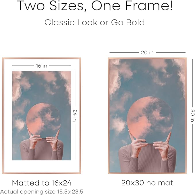Homeforia 20x30 Frame Rose Gold, High End Metal 20x30 Picture Frames with Mat 16x24 inch Photo, 20 x 30 Rose Gold Poster Frame Matted to 16 by 24, 30x20 Large Frame, Tempered Glass, Wall Kit, Set of 1-Ruum Studio Home