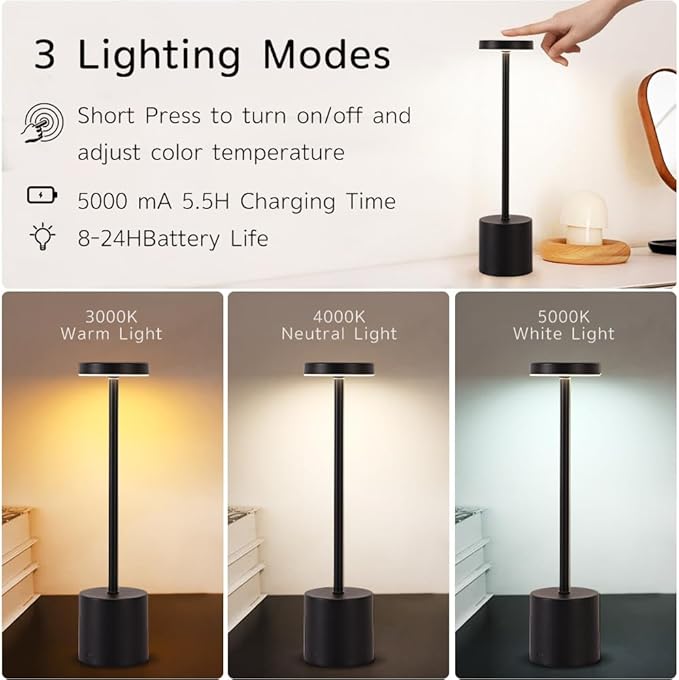 Cordless Table Lamp, 5000mAh Rechargeable Battery Powered LED Desk Lamp, Portable Touch Control Outdoor Table Lamps,3 Color Dimmable Light for Restaurant, Patio, Bedroom, Night Lamp (Black)-Ruum Studio Home
