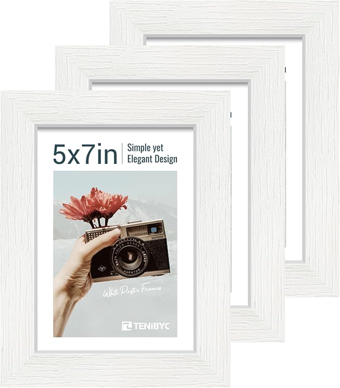5x7 Picture Frame 3 Pack - White Woodgrain, Solid Wood & HD Tempered Glass, Table Display or Wall Hanging-Ruum Studio Home