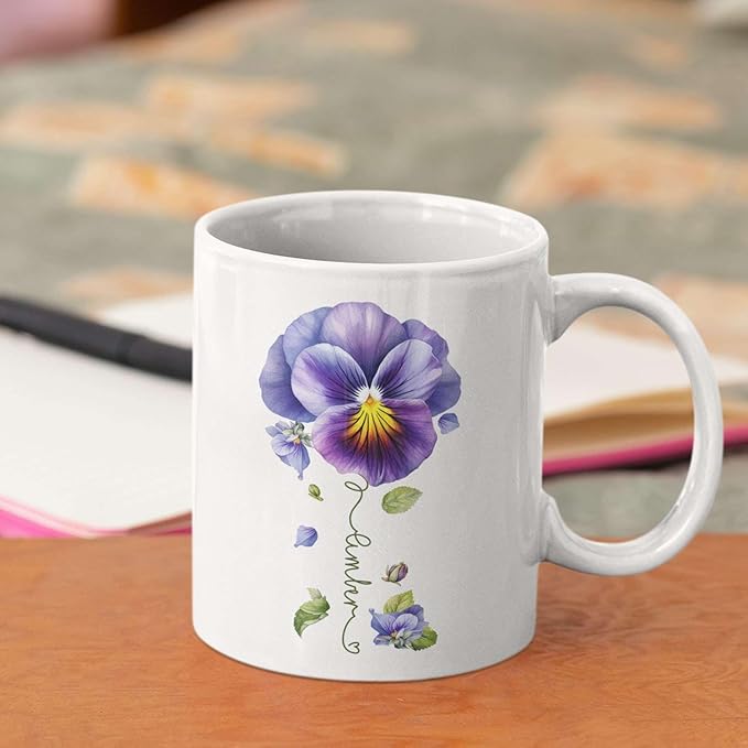Pansy Design Ceramic Cup, Personalized Name Flower Themed Mug, Custom Coffee Cup For Pansy Flower Lover, Customized Floral Accent Mug 11oz 15oz, Pansy Cup Gift For Daughter-Ruum Studio Home