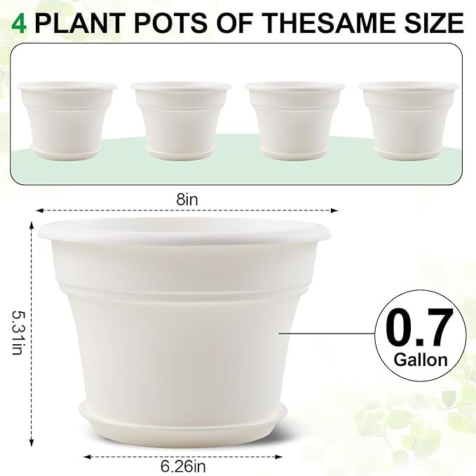 8 Inch Plastic-Flower Pot-for-Indoor Plants, 4 Pack Large Outdoor Planter Pot with Drainage Holes & Saucers, Resin Decorative Garden Pots Planters-Ruum Studio Home