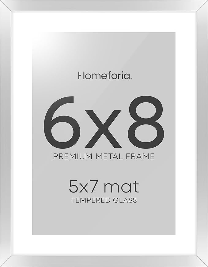 Homeforia Silver Photo Frame 6x8, High End Metal 6 x 8 Silver Picture Frames with Mat 5 x 7, 6by8 Desk Frame Matted to 5x7 inch Art, 6 by 8 Wall or Tabletop Frames, Tempered Glass, Wall Kit, Set of 1-Ruum Studio Home