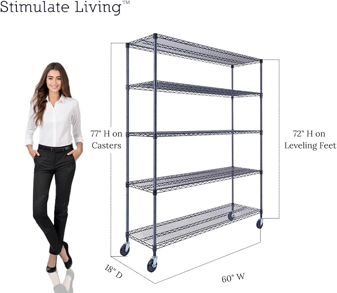 60"x18"x72" Prime Heavy Duty Black 5-Tier Wire Shelving NSF 4000 LBS MAX Capacity Storage Rack for Commercial, Hospital, School, Garage, and Kitchen Uses (with Wheels)-Ruum Studio Home