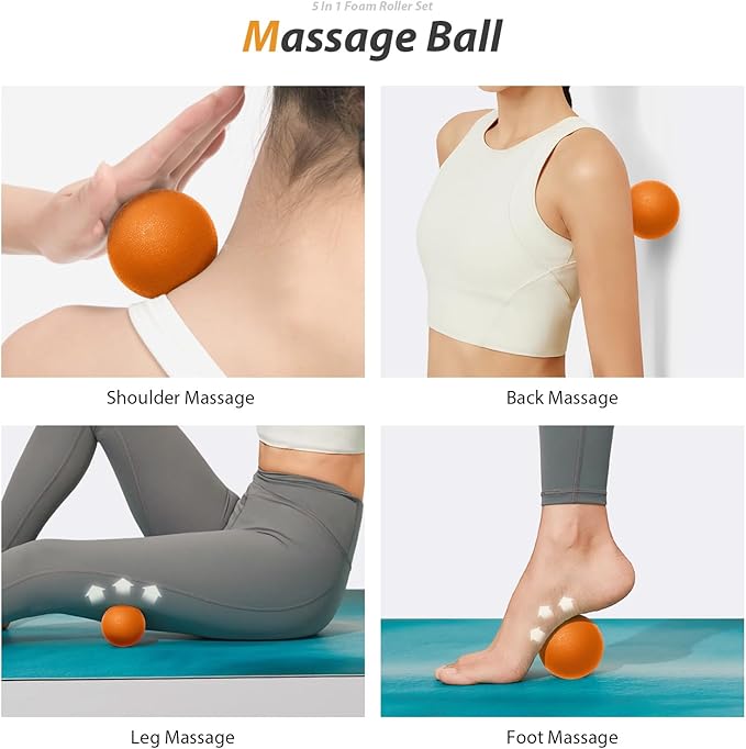 5 in 1 Foam Roller Set for Deep Tissue Muscle Massage, Trigger Point Fitness Exercise Foam Roller, Massage Roller, Massage Ball, Stretching Strap, for Whole Body (Orange-New)-Ruum Studio Home