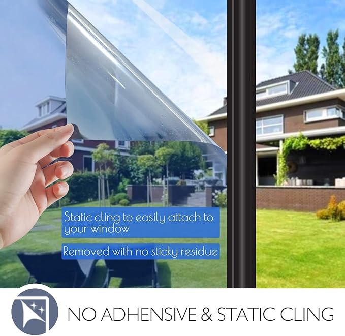 HIDBEA One Way Window Film Daytime Privacy, Heat Control UV Blocking Reflective Mirror Window Tint for Home, Non-Adhesive Self Static Cling Window Stickers (Blue-Silver, 35.4 Inch x 8.2 Feet)-Ruum Studio Home