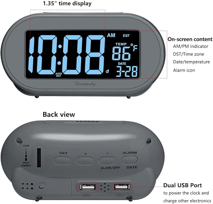 DreamSky Alarm Clocks for Bedrooms, Auto Set Digital Desk Clock for Bedside Nightstand, Electric Clock with Dimmable Brightness Dimmer, Auto DST, USB Port, Date, Temperature, Snooze-Ruum Studio Home