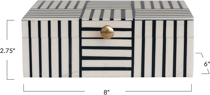 Modern Resin Box with Striped Block Pattern and Gold Clasp, Black and White-Ruum Studio Home