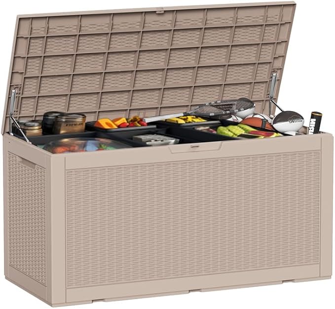 100 Gallon Deck Box Large Outdoor Storage for Patio Furniture,Outdoor Cushions,Garden Tools and Pool Supplies,Waterproof,Resin,Lockable(Grey)-Ruum Studio Home