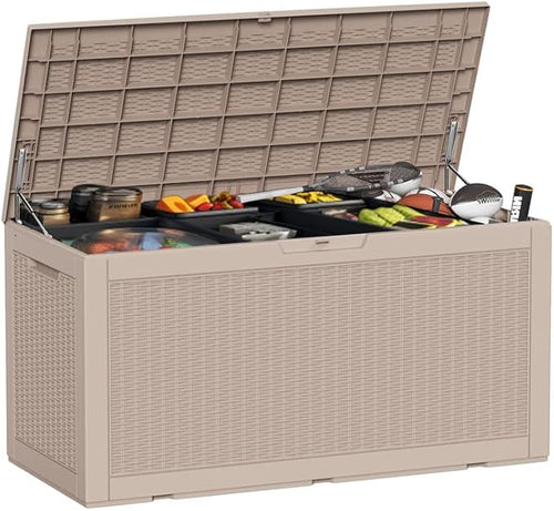 100 Gallon Deck Box Large Outdoor Storage for Patio Furniture,Outdoor Cushions,Garden Tools and Pool Supplies,Waterproof,Resin,Lockable(Grey)-Ruum Studio Home