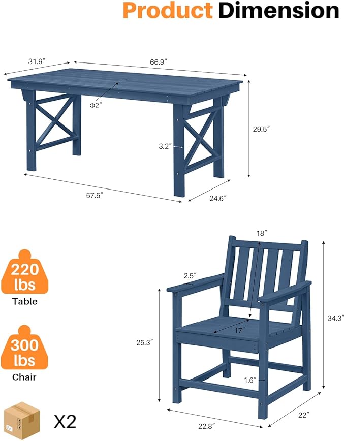 HDPE Patio Dining Set, 5-Piece Outdoor Table and Chairs with Umbrella Hole, Modern Outdoor Dining Set for 4, HDPE Outdoor Patio Furniture Dining Sets for Deck, Poolside, Porch, Navy-Ruum Studio Home