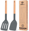 Pack of 2 Silicone Cooking Spatula, Heat Resistant Solid Turner, Non Stick Slotted Spatulas with Wooden Short Handle,Ideal Wood Kitchen Utensils Set for Frying, Baking, Flipping, Turning-Ruum Studio Home