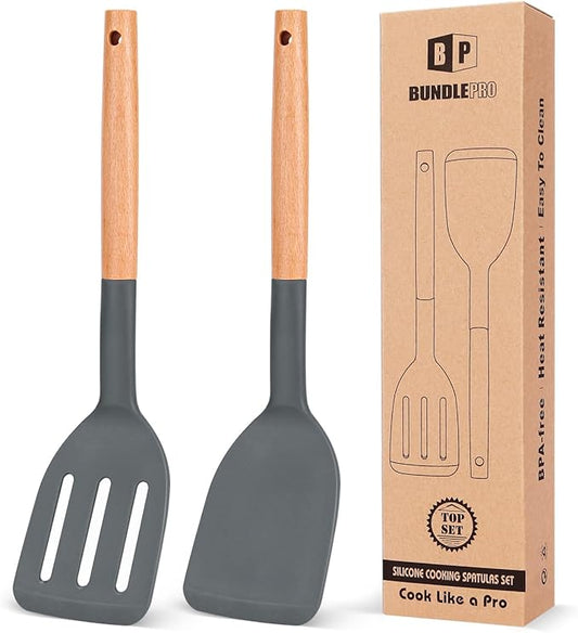 Pack of 2 Silicone Cooking Spatula, Heat Resistant Solid Turner, Non Stick Slotted Spatulas with Wooden Short Handle,Ideal Wood Kitchen Utensils Set for Frying, Baking, Flipping, Turning-Ruum Studio Home