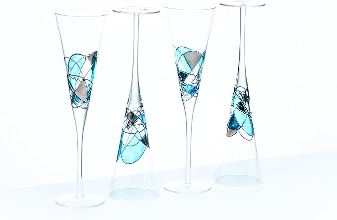 Victoria Barcelona Champagne Flute Set of 4 – 7.5 oz Mouth-Blown Turquoise Sea Glass | Hand-Painted Gaudí & Murano Inspired | Artistic Unique Gift Ideas for Her or Him-Ruum Studio Home