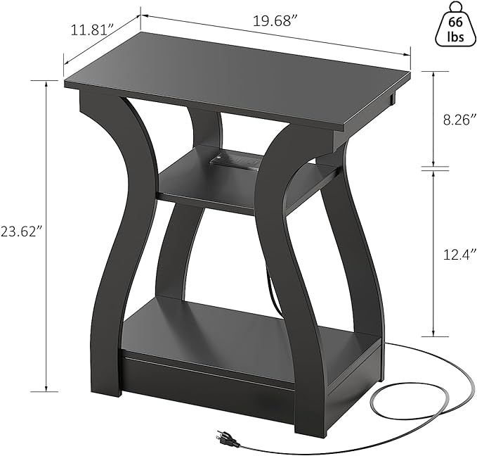 End Table with Charging Station, Side Table with USB Ports and Outlets, Nightstand, 3 Tier End Table with Storage Shelf for Living Room, Bedroom (Black)-Ruum Studio Home