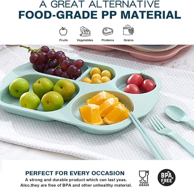12 Inch Divided Plates4 PCS - Reusable Unbreakable Wheat Straw Plates, Dinnerware Lunch Tray Plates Tableware for Kitchen, Picky Eaters, Campers and Portion Control (Blush)-Ruum Studio Home