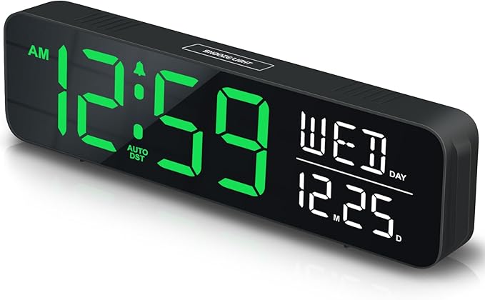 Peakeep Large Display Digital Alarm Clock for Bedrooms, Date Day of Week Desk Table Clocks for Living Room Office, Dimmable Plug in Electric Clock, 5 Volumes, Loud, Auto DST-Ruum Studio Home