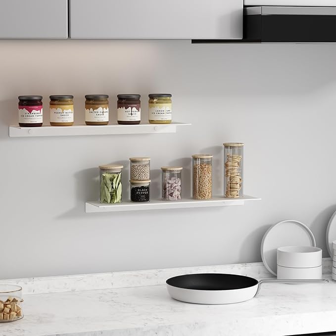 JOOM White Floating Shelves for Wall Storage, Metal Wall Shelves for Living Room, Bathroom, Kitchen, 20” Long Display Shelves for Collectibles(2 PCS)-Ruum Studio Home