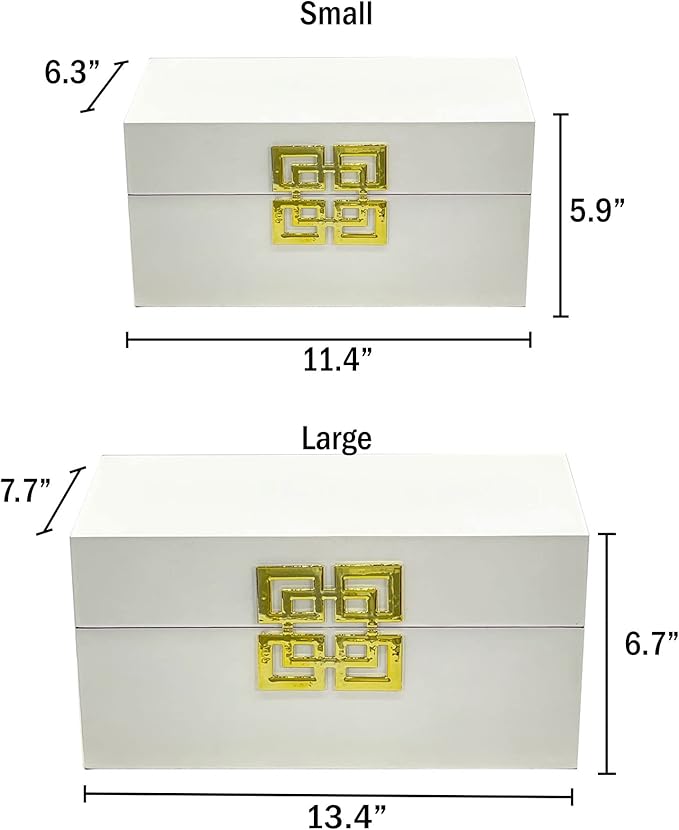Galt International Large & Small Decorative Storage Box w/Hinged Lid - Classic Design Wood Decor Boxes with Geometric Opening Clasp - Home & Office Storage - Set of 2 (White + Gold)-Ruum Studio Home