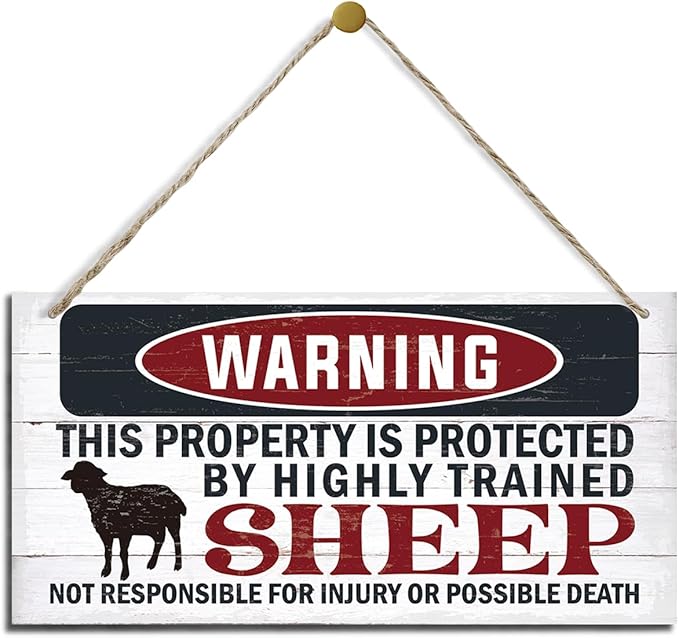 Funny Warning Signs, The Property is Protected By Highly Trained Sheep Sign, Decorative Wood Hanging Wood Plaque, Sheep Wall Decor, Farm Fence Decor, Home Garden Decor for Indoor Outdoor Use-Ruum Studio Home