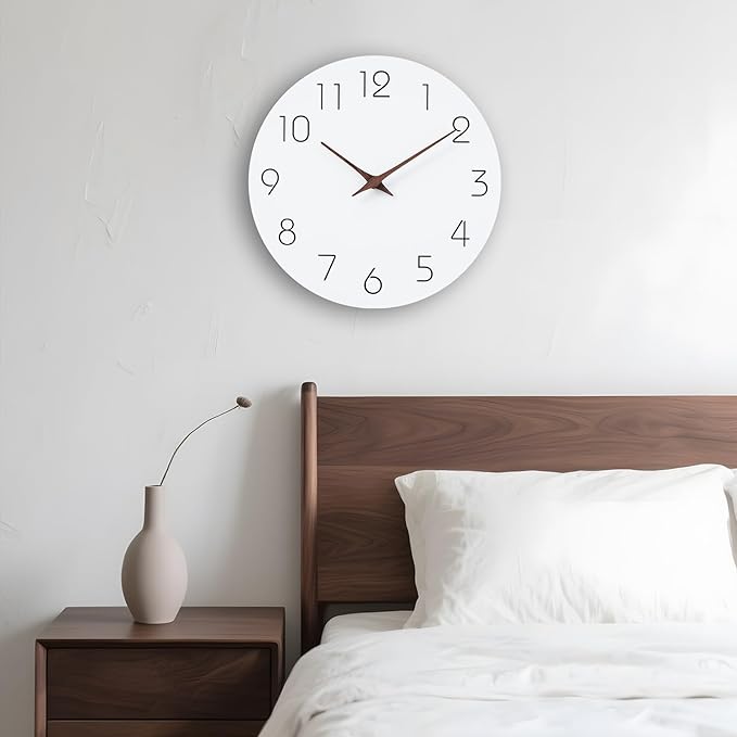 Mosewa Wall Clock 10 Inch Silent Non Ticking Wood Battery Operated Wooden White Modern Office Simple Minimalist Decorative for Kitchen Home Bathroom Living Room