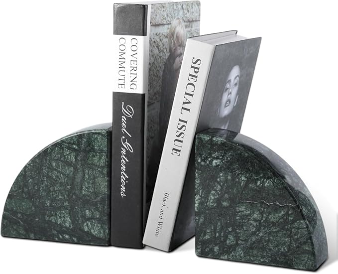 Marble Bookend for Shelves, Non-Skid Bookends for Heavy Books, Heavy Duty Book Stopper for CDs, Luxury Book Shelf Holder, Quarter Circle Design Book Ends Decorative, Indian Green, Set of 2-Ruum Studio Home