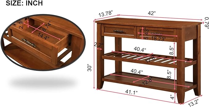 Solid Wood Console Table Entryway Table with Storage Drawers and Shelves Sofa Tables (42" Brown)-Ruum Studio Home