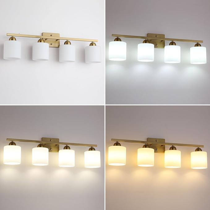 Stainless Steel Milk Glass Vanity Lights for Bathroom, 4 Light Gold Bathroom Light Fixtures Over Mirror, Ceramic E26 Sockets Wall Mounted-Ruum Studio Home