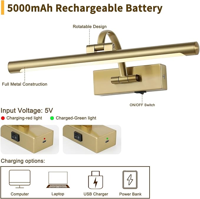Battery Operated Picture Light with Remote and Timer, Wireless Art Lights for Paintings Brass Rechargeable Gallery Light Dimmable Artwork Lighting for Canvas, Portrait 16'' Inch Warm White-Ruum Studio Home