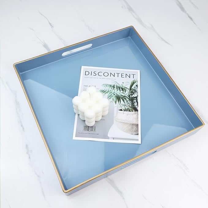 Spsyrine Light Blue Decorative Tray for Living Room, Square Modern Plastic Coffee Serving Table Tray for Ottoman Bathroom Kitchen, 13"*13".-Ruum Studio Home