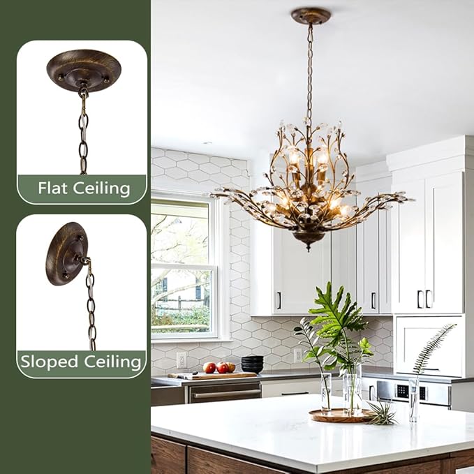 Vintage Farmhouse Chandelier 8-Light Crystal Branch Pendant Lights for Living Room Dining Room Porch Kitchen Island Bedroom Restaurant, Aged Bronze-Ruum Studio Home
