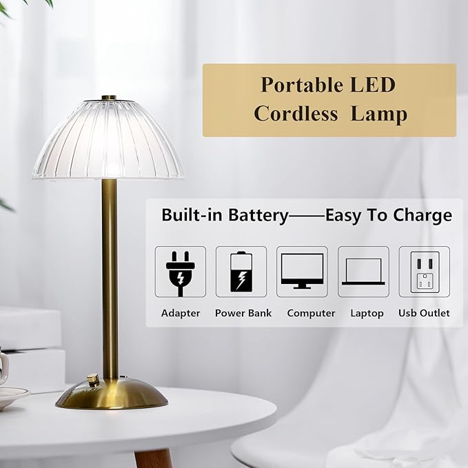Liliful 2 Pcs LED Portable Cordless Table Lamp Touch Battery Operated Rechargeable Desk Lamp 3 Color Dimmable for Bedroom Living Room Dining (Mushroom Style,Gold)-Ruum Studio Home