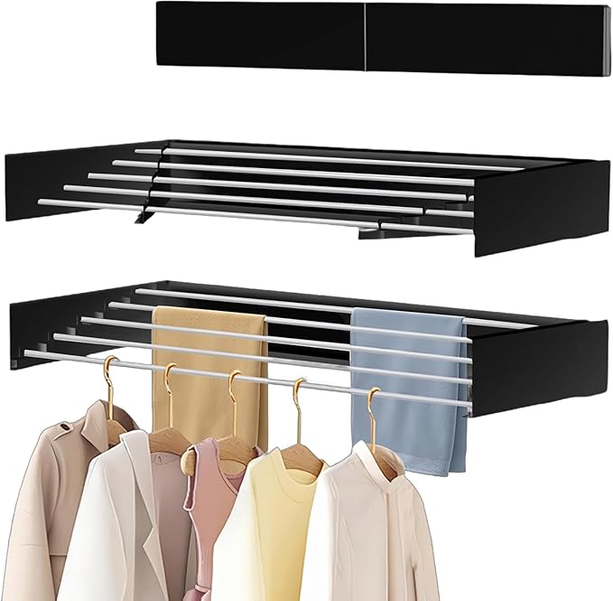 Laundry Drying Rack Collapsible, Wall Mounted Clothes Drying Rack. 39.37" Wide, 19.3 Linear Ft, 5 Aluminum Rods, with Wall Template, Screwdriver Bit (Black 1M)-Ruum Studio Home