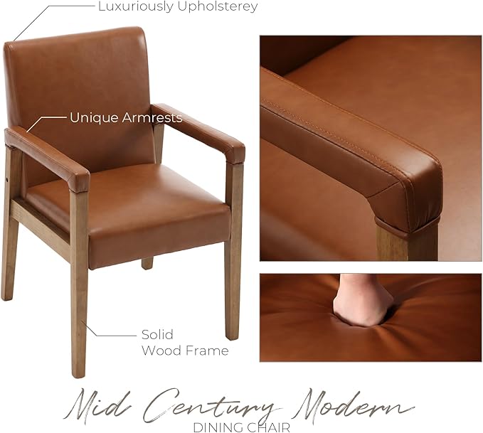 Mid Century Modern Dining Chairs Set of 4 Faux Leather Upholstered Living Room Side Chair, Kitchen Arm Chair with Solid Wood Legs for Home Kitchen & Restaurant, PU Brown-Ruum Studio Home
