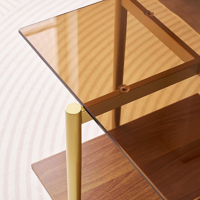 Glass End Table, Mid-Century Modern Design Sofa Table, L41 x W21 x H17, for Living Room, 2-Tier Structure, Clear Glass Top and Walnut MDF Shelf, Sleek Conical Metal Legs with Gold Finish Frame-Ruum Studio Home