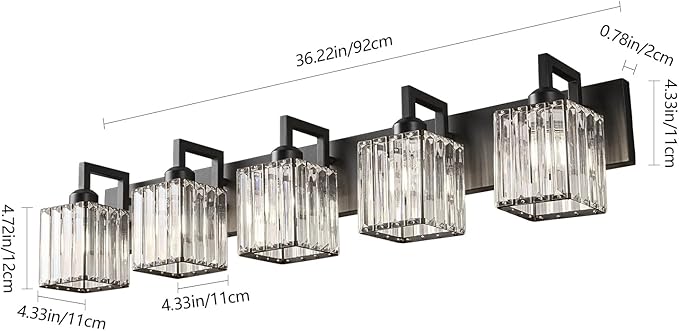 Modern Crystal Bathroom Vanity Light - 5-Lights Black Modern Crystal Wall Lamp for Bathroom Vanity Lighting-Ruum Studio Home