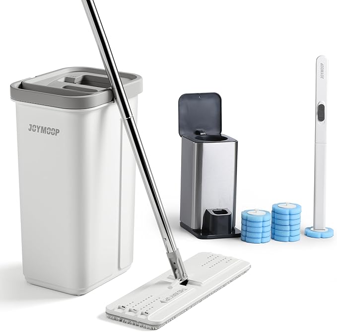JOYMOOP White Flat Mop & Bucket with 1 Microfiber Pad, 12 Disposable Toilet Brushes, Stainless Steel Toilet Brush and Holder Set, Multi-Functional Cleaner for Floors, Windows, and Toilets-Ruum Studio Home