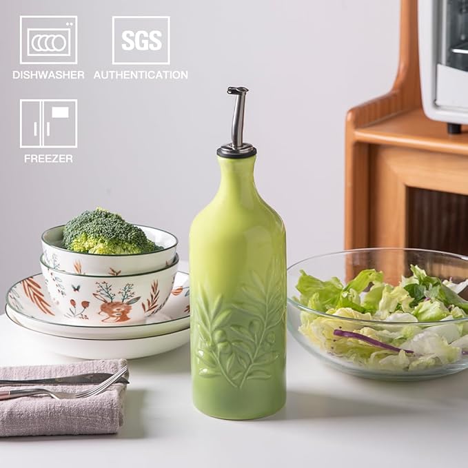 Sweejar Ceramic Olive Oil Dispenser Bottle, 20 Oz Relief Opaque Oil Cruet Protects Oil To Reduce Oxidation, Storage Oil, Vinegar, Soy Sauce, Coffee Syrup, Liquids, Set of 1 (Gradient Green)-Ruum Studio Home