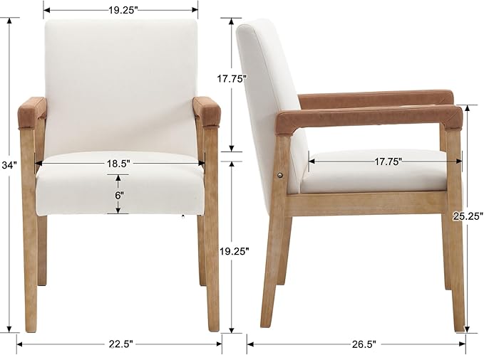 Kmax Modern Dining Chairs Set of 2 Linen Fabric Kitchen Arm Chairs Upholstered Accent Chairs with Wooden Legs for Dining Room, Living Room, Bedroom, White-Ruum Studio Home
