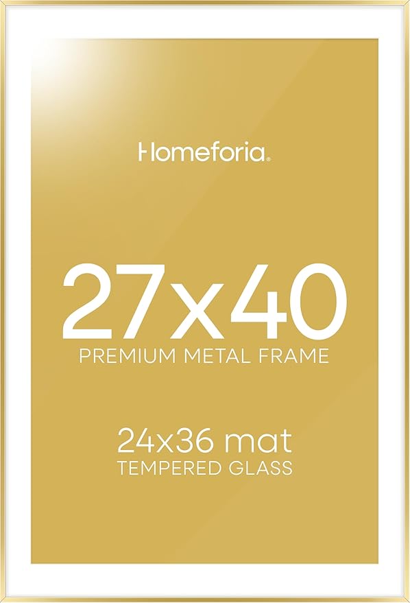 Homeforia 27x40 Picture Frame Gold, High End Metal 27 x 40 Large Poster Frames with Mat 24 by 36 inch Photo, 27x40 Gold Frame Matted to 24x36 for Print, 40x27 Frame, Tempered Glass, Wall Kit, Set of 1-Ruum Studio Home