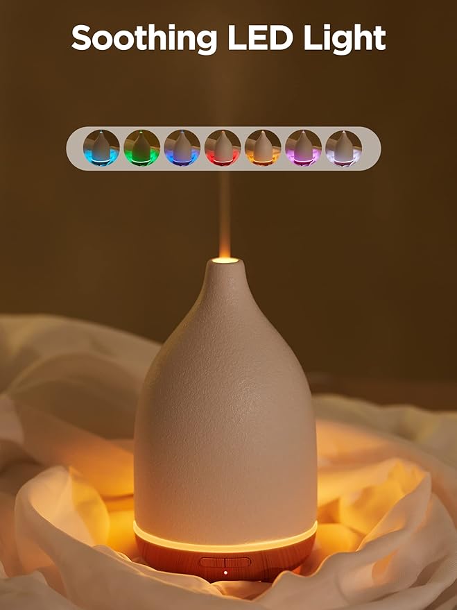 InnoGear Oil Diffuser, 150ML Ceramic Diffuser for Essential Oils Handcrafted Aromatherapy Diffuser Ultrasonic Cool Mist Humidifier with 2 Mist Modes Waterless Auto Off for Room Office, White-Ruum Studio Home