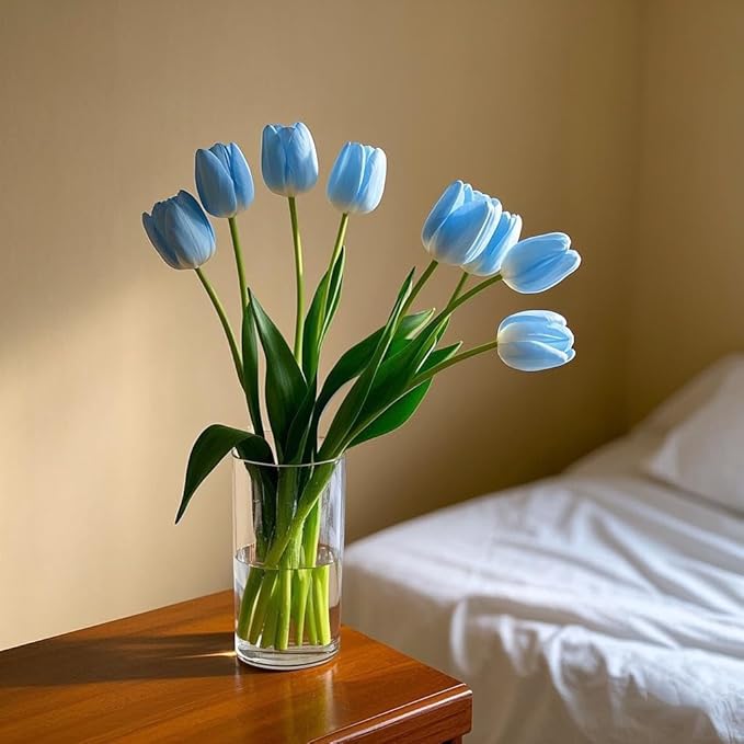 Buart Artificial Tulip in Bulk for Wedding Bridal Bouquet,Fake Flowers for Valentine's Day Mother's Day Easter Table Centerpieces Decorations(Light Blue,Real-Touch,12pcs)-Ruum Studio Home