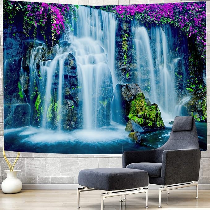 FENDROM Waterfall Tapestry Purple Forest Wild Flowers Floral Mountain Jungle Plants Nature Landscape Wall Hanging Bedroom Living Room Hanging Decorative Blanket-Ruum Studio Home
